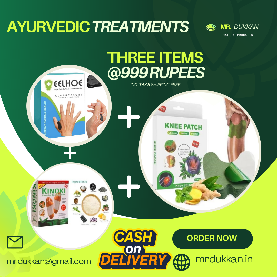 Natural Ayurvedic Wellness Combo (3-in-1 Bundle) .1. Acupressure Clip – LI4 Point Therapy +2. Herbal Knee Pain Relief Patch (Chinese Plaster)+3. Kinoki Detox Foot Pads
